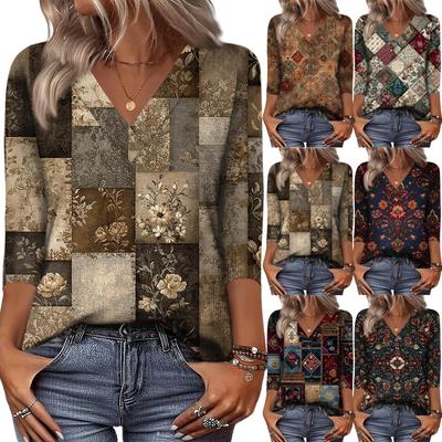 Women's 3/4 Sleeve Shirts V Neck Print Tops Casual Tops Basic Tees Blouse Loose Tops