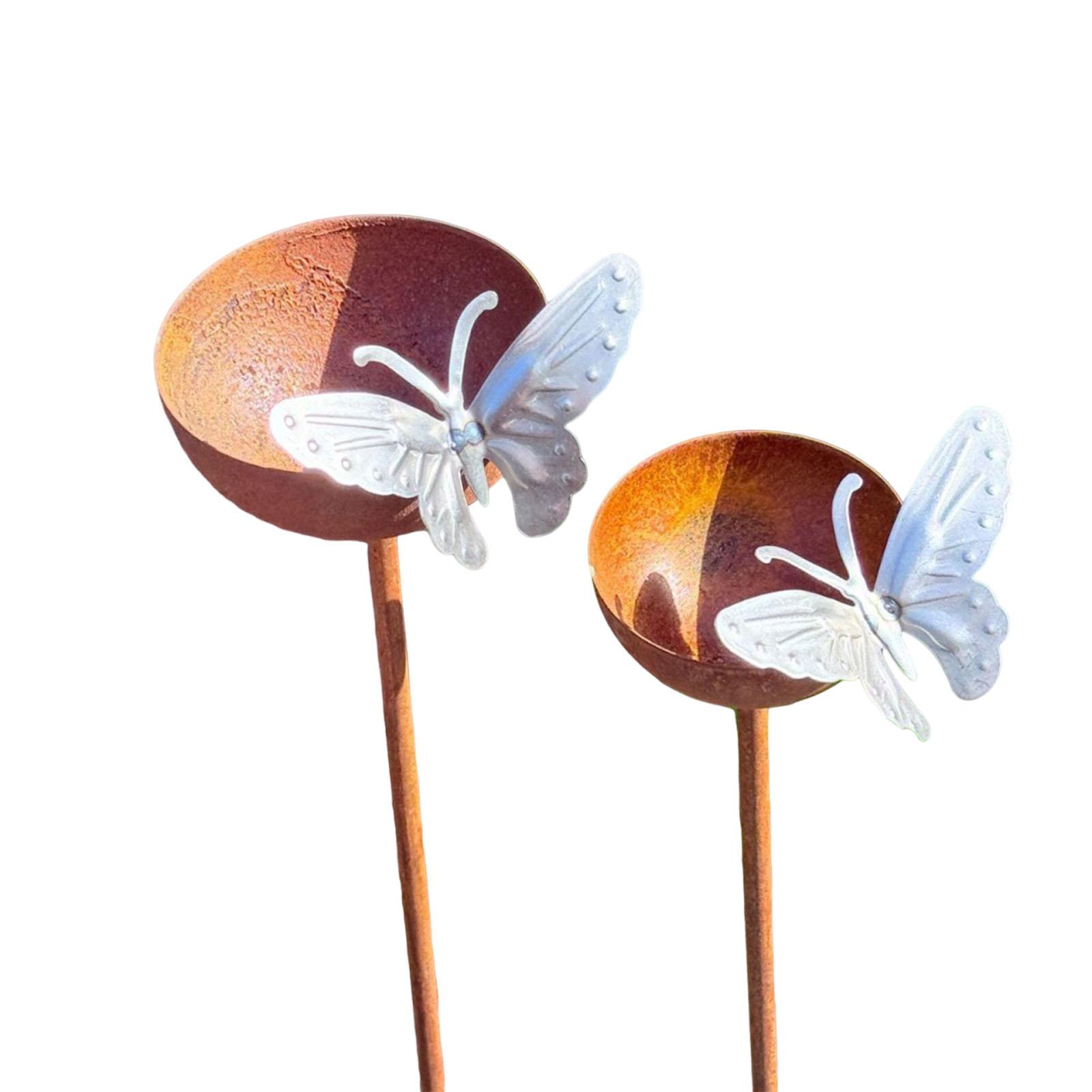 Rusty Metal Bird Bath Feeder with Ground Stakes Rain Catcher Garden Stake Easy To Install for Lawn Patio Outdoor Decor
