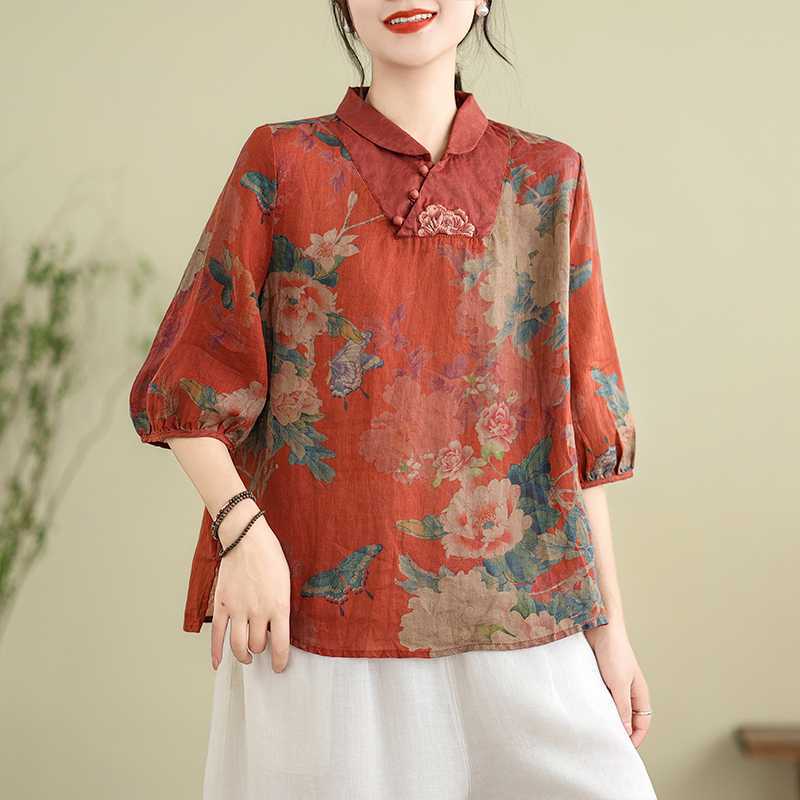 

Летние повседневные блузки в китайском стиле с вышивкой, женские винтажные принты, свободные женские хлопковые топы с коротким рукавом, рубашки XL красный