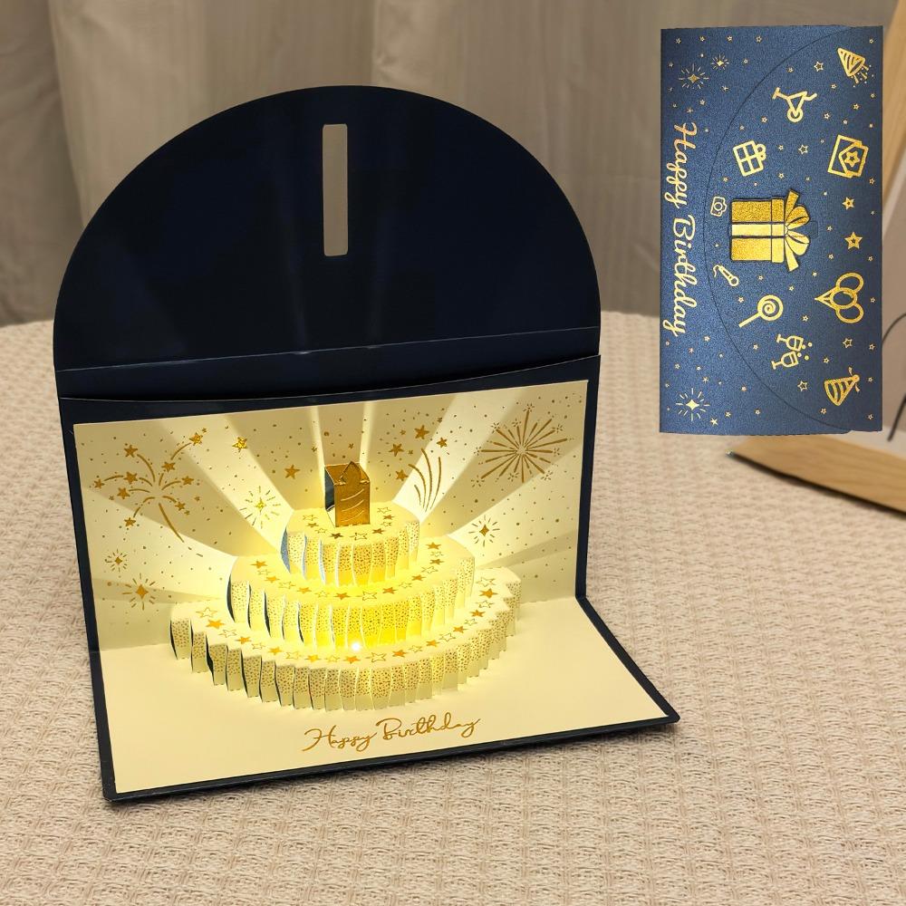 3D Pop-Up Birthday Red Envelope Greeting Card Can Hold 1-20 Cash Foldable Musical Light Greeting Card Gold Gold-stamped Cover