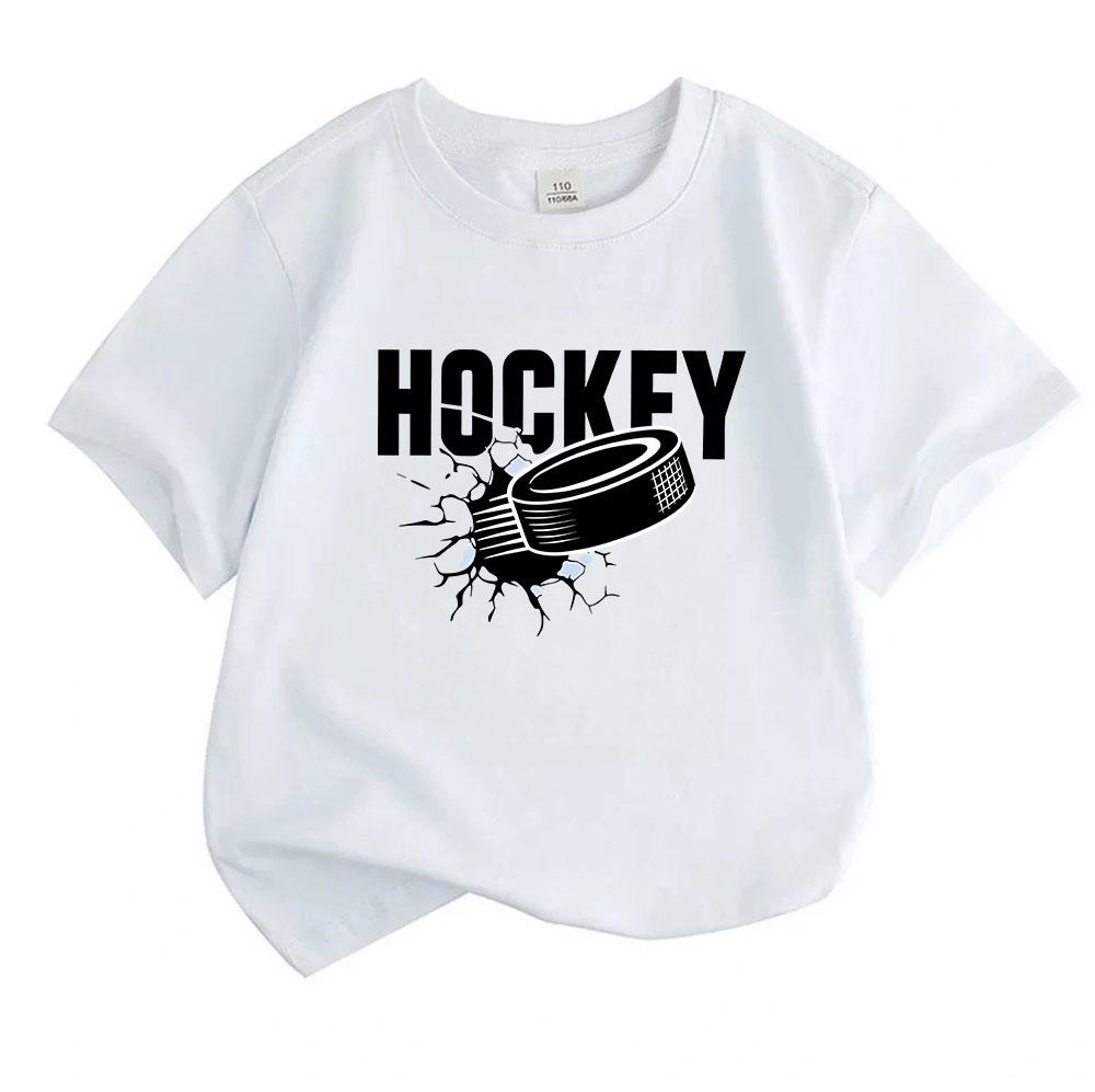 Kids Boys Girls 100% Cotton Crew Neck Short Sleeve T-Shirt, Cool Ice Breaking Hockey Puck Print Casual Soft Daily Tees for Sports Game Playing Summer