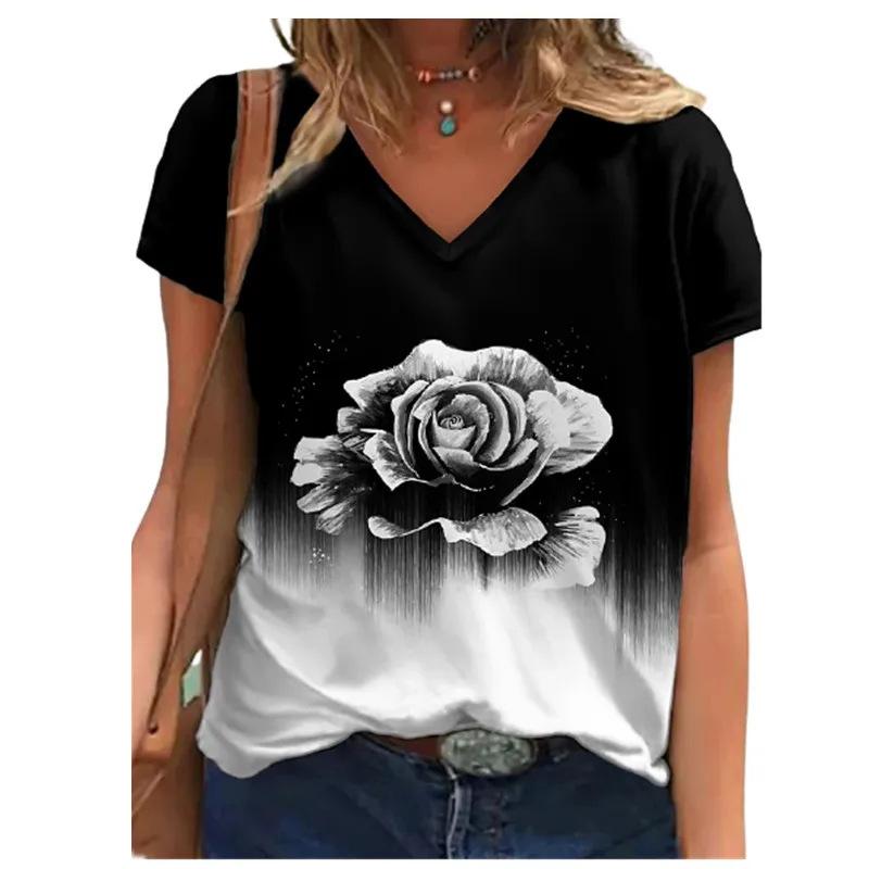 Summer V-neck Flower Pattern 3D Printed Top Fashionable Casual Short Sleeved Women's T-shirts