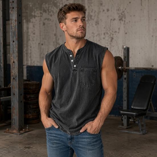 Men's Sleeveless Shirts, V Neck Breathable Shirts, Casual Summer Lightweight Pocket Top, Button Up Solid Color Stretchable Top for Summer