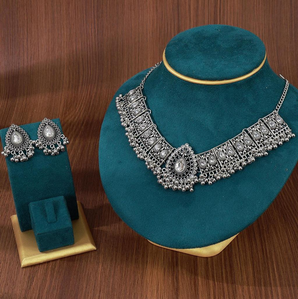 Vintage Teardrop Gemstone Earrings & Diamond Bead Necklace Set