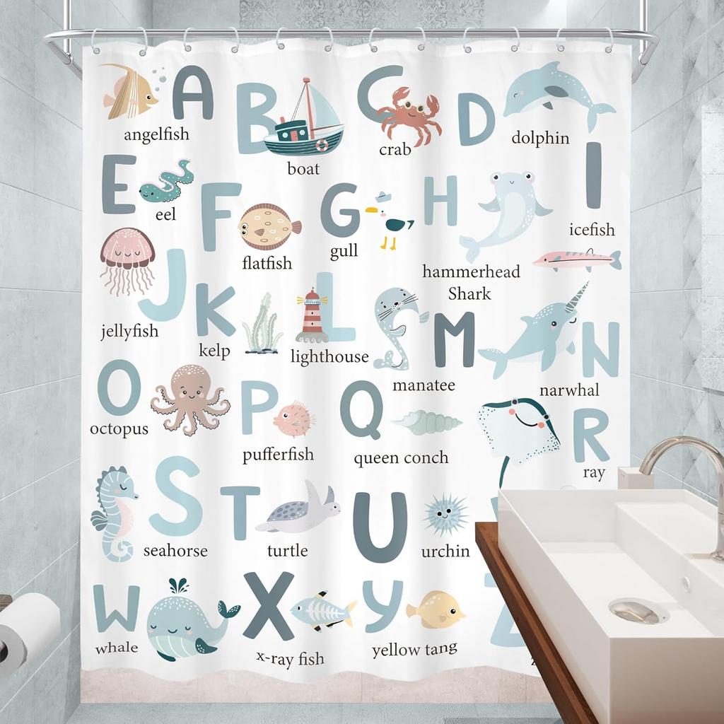 Kids Shower Curtain Cute Cartoon Alphabet ABC Sea Animal Blue Educational Ocean Bathroom Curtain Set Baby Boys Girls BathCurta