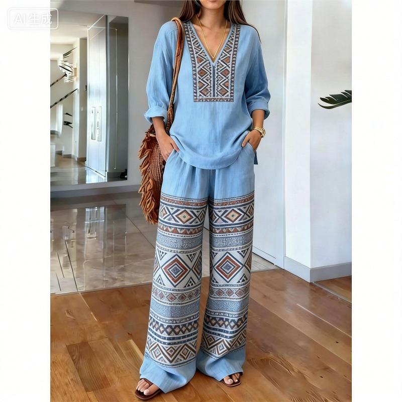 Gentle Temperament Printed Top Set, Classic Bohemian Pattern, Loose Wide-leg Pants for Summer Casual Wear