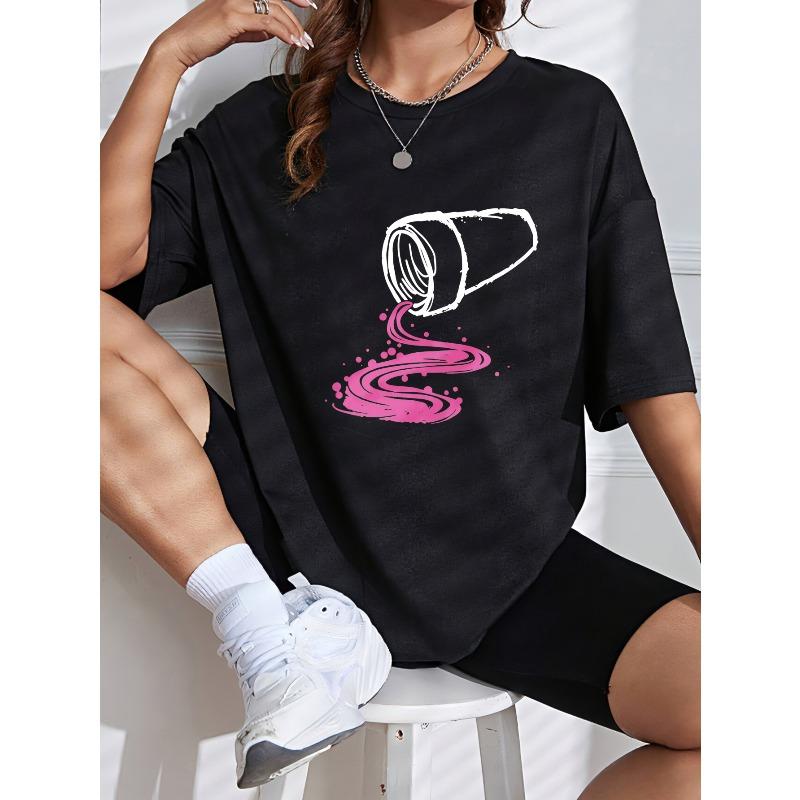 White Crew Neck T Shirt With Pink Wine Splash Design For Casual Wear