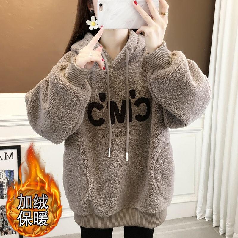 Womens Fleece Hooded Sweatshirt Thick Warm Winter Letter Print Outerwear