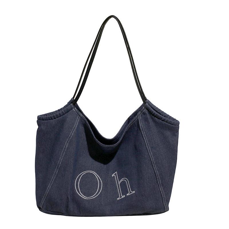 Style Large Capacity Denim Bag For Casual Daily With Embroidery And Magnetic Closure