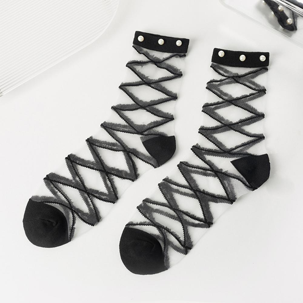 Women Lolita Organza Ruffle Ankle Socks, Summer Sheer Glass Silk Crisscross Strap Mesh Socks, Japanese Sweet Cosplay Short Socks