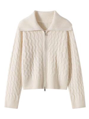 Women's Double Zipper Wool Coat - Retro Cable Knit Long Sleeve Cardigan with Lapel