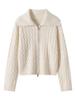 Women's Double Zipper Wool Coat - Retro Cable Knit Long Sleeve Cardigan with Lapel