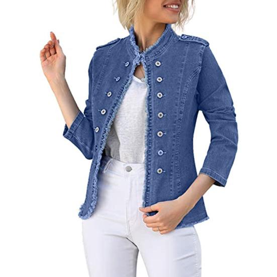 Giacca di Jeans da Donna Manica Lunga Orlo Sfilacciato Giacca di Jeans Elasticizzata Slim-Fit Abbottonata Cappotto di Jeans Corto
