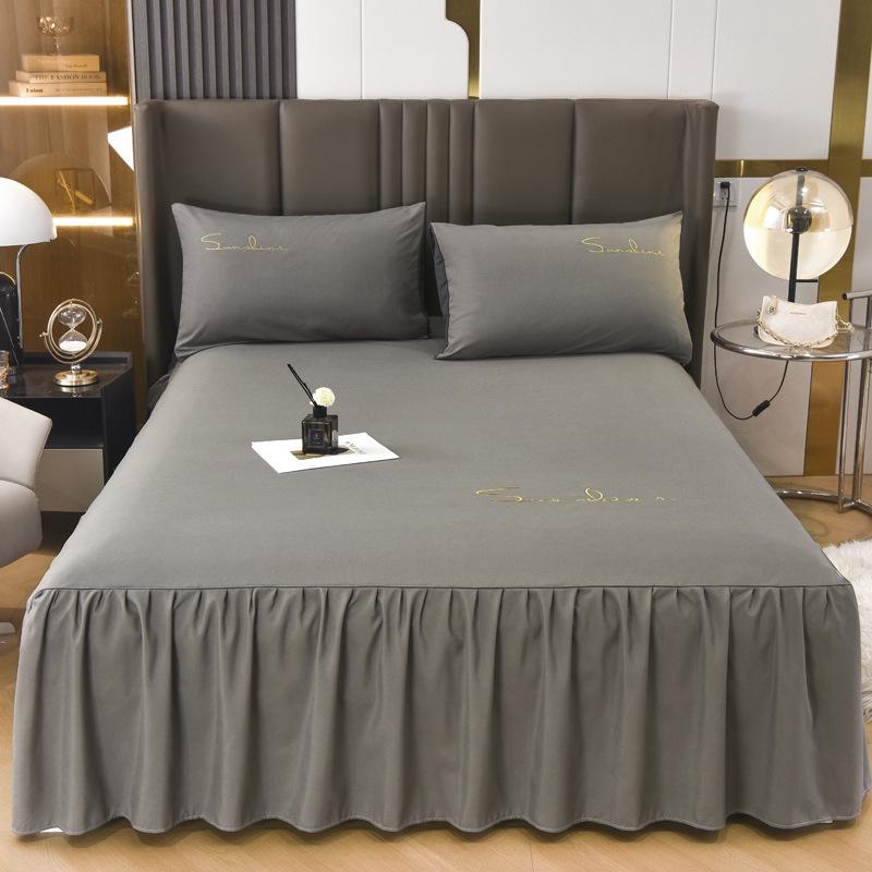 Solid Color Washed Cotton Lace Bed Skirt Mattress Protector