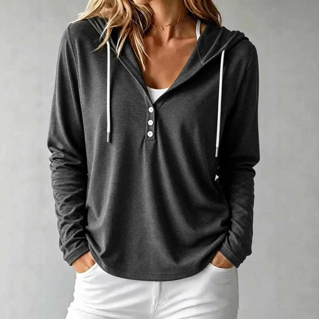 Women's Casual Loose Fit Long Sleeve Hooded Top with and Buttons for Everyday Wear
