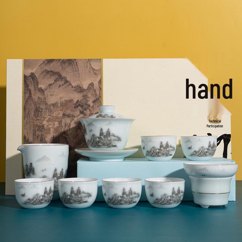 Celadon White Porcelain Tea Set with Gold Landscape: Complete Chinese Gaiwan Teapot and Teacup Set for Kung Fu Tea.