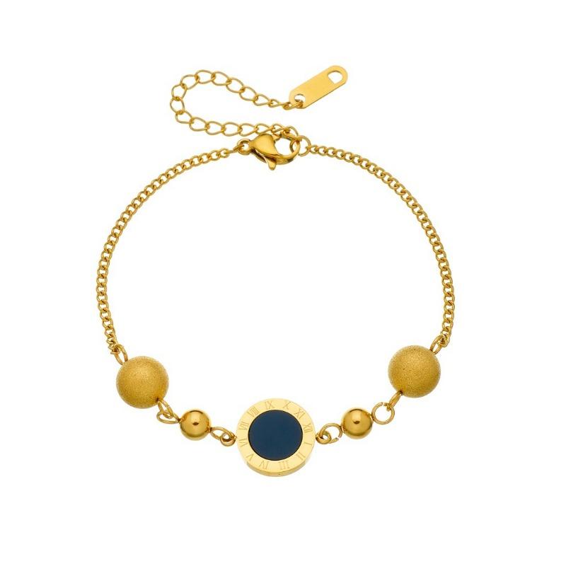Gold Plated Roman Numeral Bead Bracelet, Dainty Adjustable Cable Chain with Black Onyx Charm for Women, Elegant Daily Jewelry