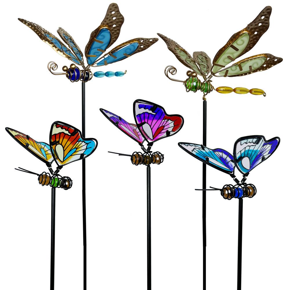 Metal Butterfly Dragonfly Garden Stake Stained Glass Yard Decor Outdoor Lawn Patio Flower Pot Pathway Hanging Ornament