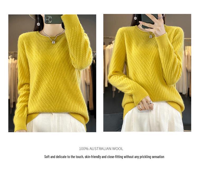 Women's Round Neck Solid Jacquard Wool Pullover Sweater - Autumn/Winter Casual Knitted Top