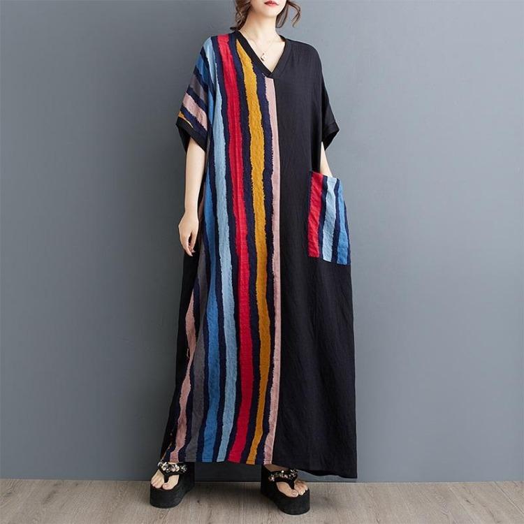 Neues Vintage Sommer Freizeitkleid für Damen Übergröße Locker Lang Maxi Kurzarm Kleider
