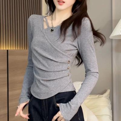 Women's Plus Size Waist-Cinching Long Sleeve Pleated T-shirt for Spring and Autumn