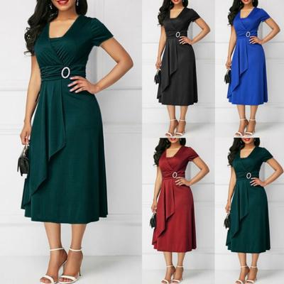 Robe pour femmes, ourlet asymétrique, taille haute, col en V, haut tubulaire, manches courtes, pour soirée