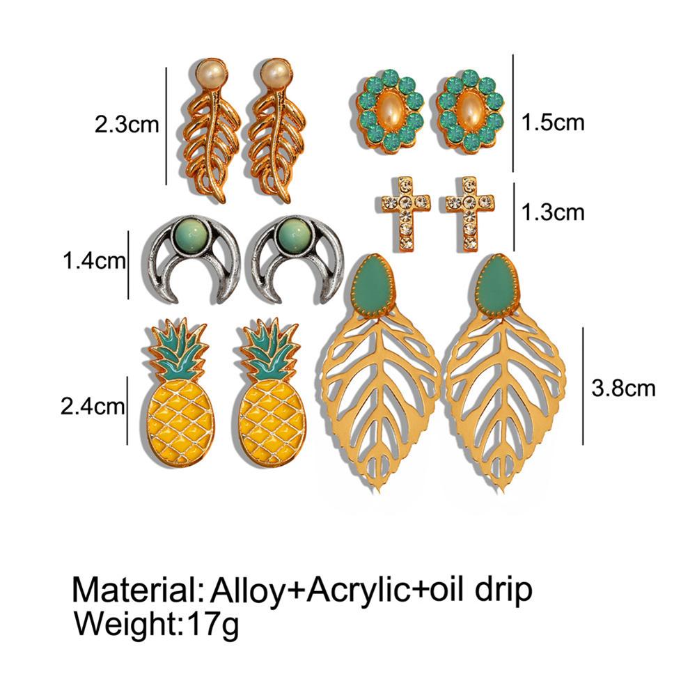 

6Pairs/Set Alloy Jewelry Bohemian Vintage Style Ear Stud Pineapple Earring Set Flower Leaves Gold #1