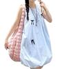 French Haute Bow First Love Fairy Sleeveless Vest Blue Dress Summer Loose Skinny Bud Short Skirt