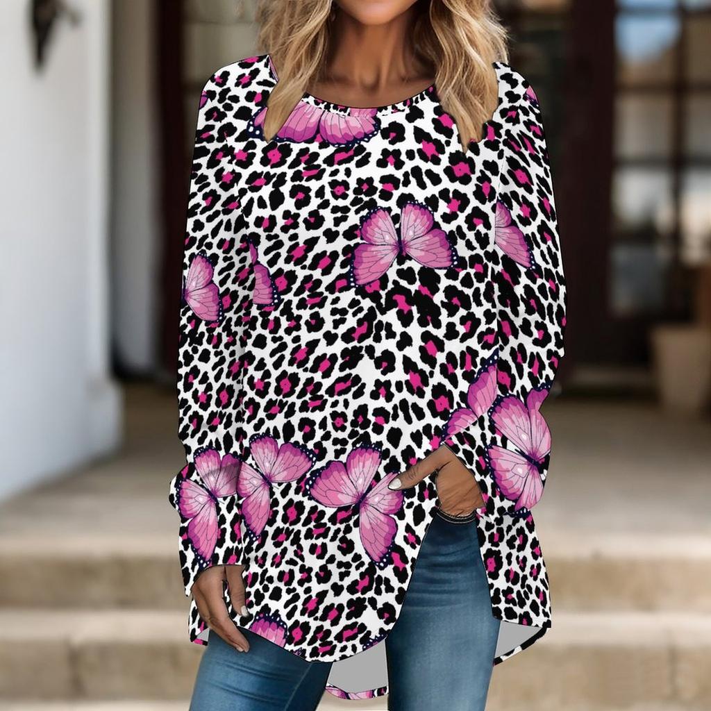 Women Long Sleeve Tunic Top Print Crew Neck Loose Fit Blouse With Pockets Casual Daily Wear Ladies Tops