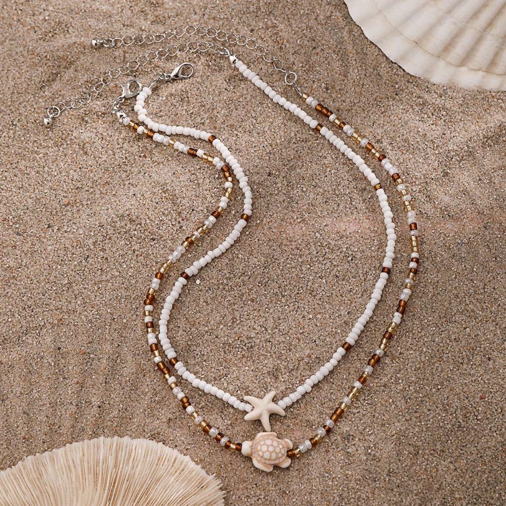 Shell Conch Shell Necklace Bilayer Sea Turtle Beach Choker Bohemia Beads Chain Choker Vacation