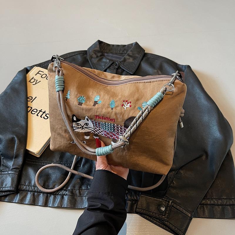 Large capacity spring and summer cat embroidery bag waterproof portable messenger bag shoulder bag shopping bag cartoon nylon bag female