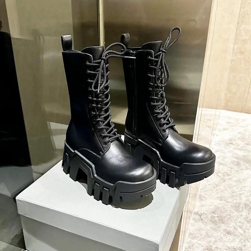 Fashion Metal Thick Bottom Mid Calf Boots Dark Rock Punk Belt Buckle Round Toe Height Increase Lace-up Zipper Fashion Women Shoes Newest