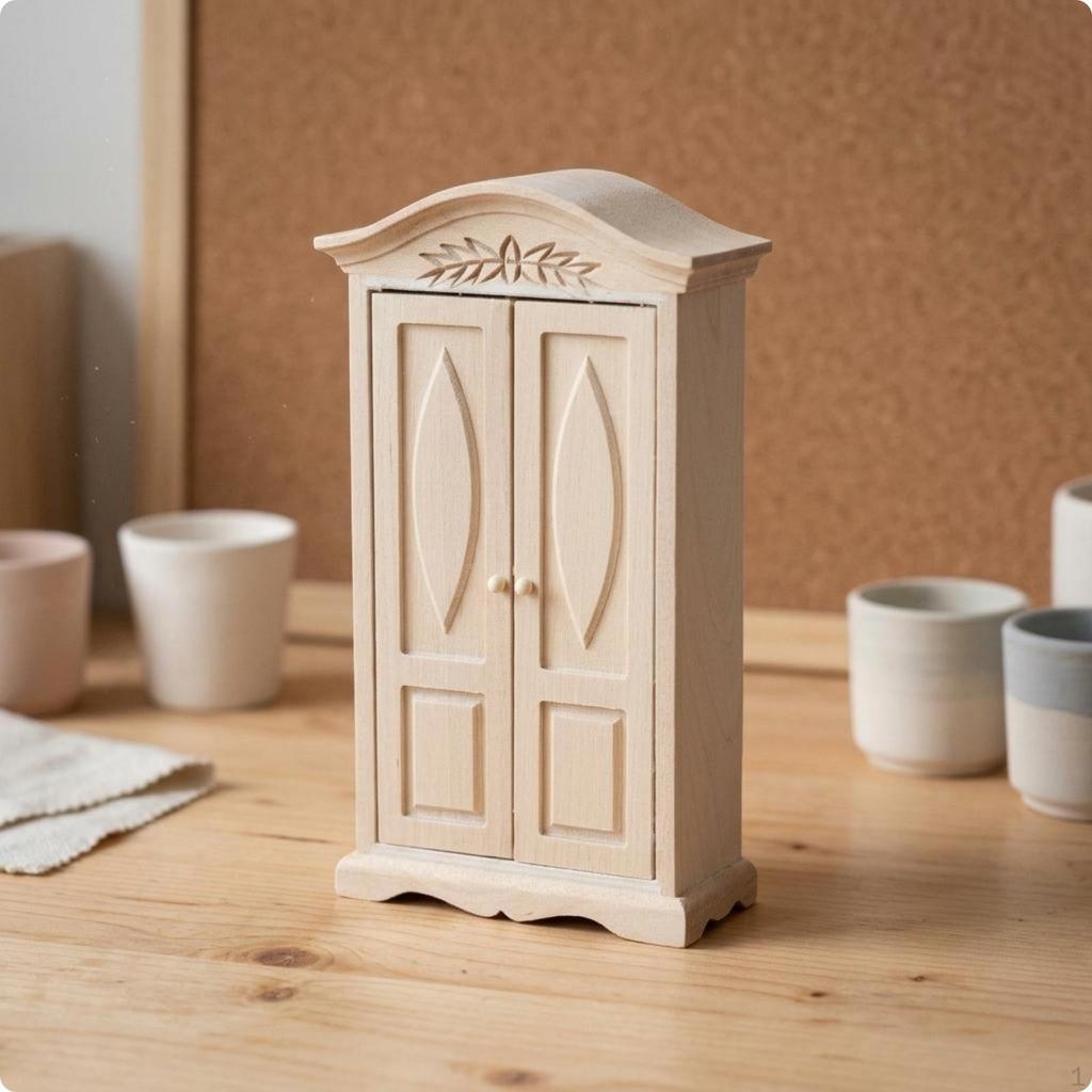 1:12 Scale Cabinet HandCarved Dollhouse Wardrobe Unfinished Wood Mini for Model Makers