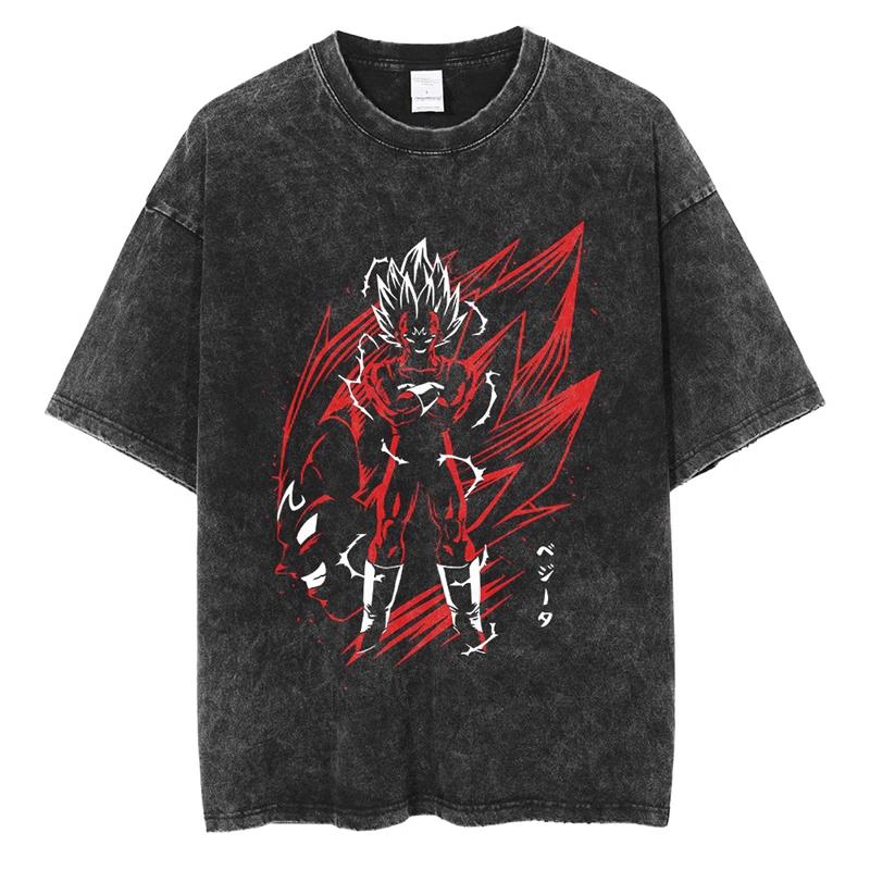 Dragon Ball Z Vegeta Super Saiyan Printed Tshirt Mens and Womens Washed Tshirt High Quality Vintage Cotton Tshirt Tops
