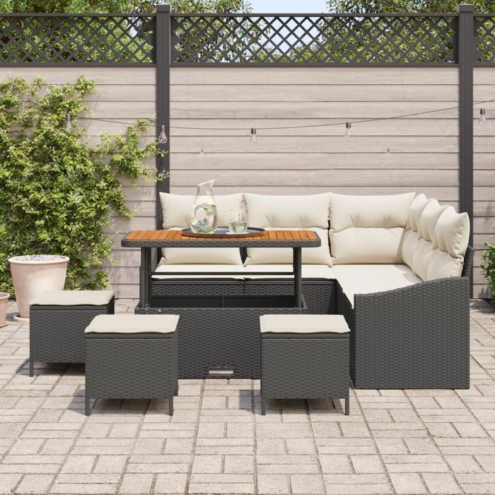 Ensemble de 9 pièces de canapés de jardin avec coussins Noir Rotin Poly Acacia, Canapé de jardin 2 places avec coussins Noir 3362660