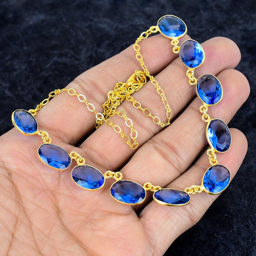 Swiss Blue Topaz Gemstone Handmade 925 Sterling Silver Jewelry Necklace 20" M-2992