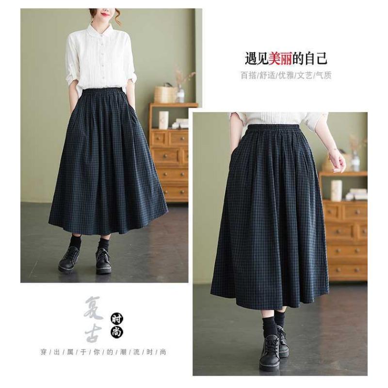 The Real Shot of The New Literary and Artistic Women's Clothing Cotton and Linen  Pendulum High Waist and Thin A Word Medium and Long Skirt