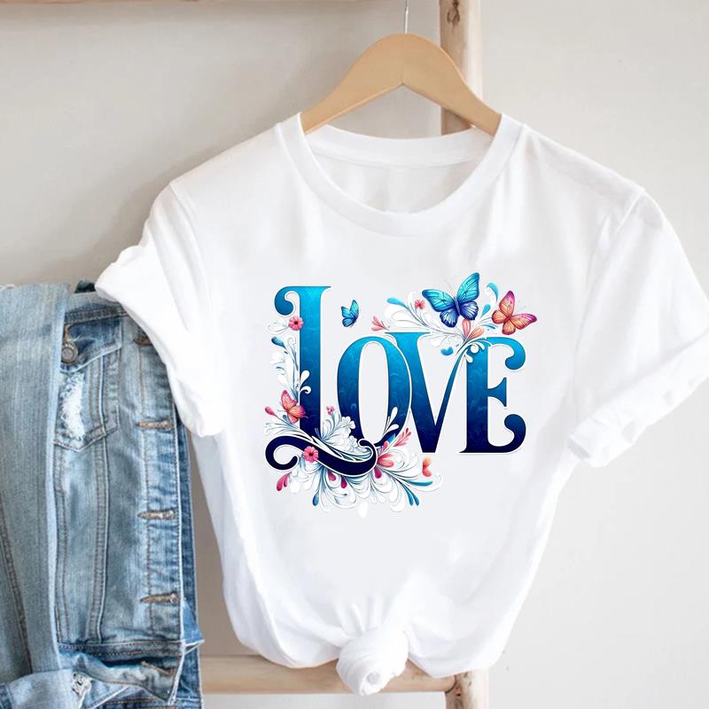 (Asian Size) letter love flower Lady Female Top Graphic Short Sleeve T-shirts Printed Fashion Clothing Women Casual T Shirt Tee