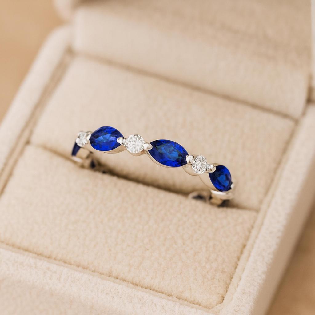 Sapphire & Cubic Zirconia Eternity Band for Women | Full Marquise Cut Wedding Ring | 925 Sterling Silver Anniversary, Engagement, Promise Gift