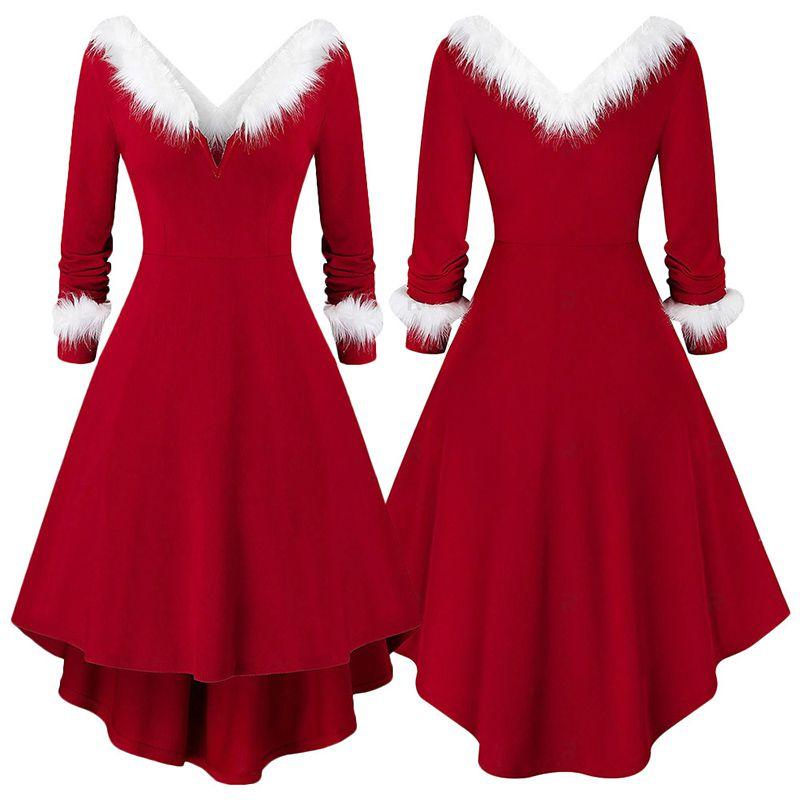 Women Ladies Christmas Asymmetrical Faux Fur Panel Red Retro Fancy Dress Gown Stylish Flowy Maxi Dress For Festive Occasions