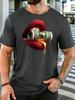 Unisex Crew Neck Tee Red Lips Bite Dollar Bill Trendy Art Graphic Print Short Sleeve Top Summer Loose Soft Casual Basic Daily Wear