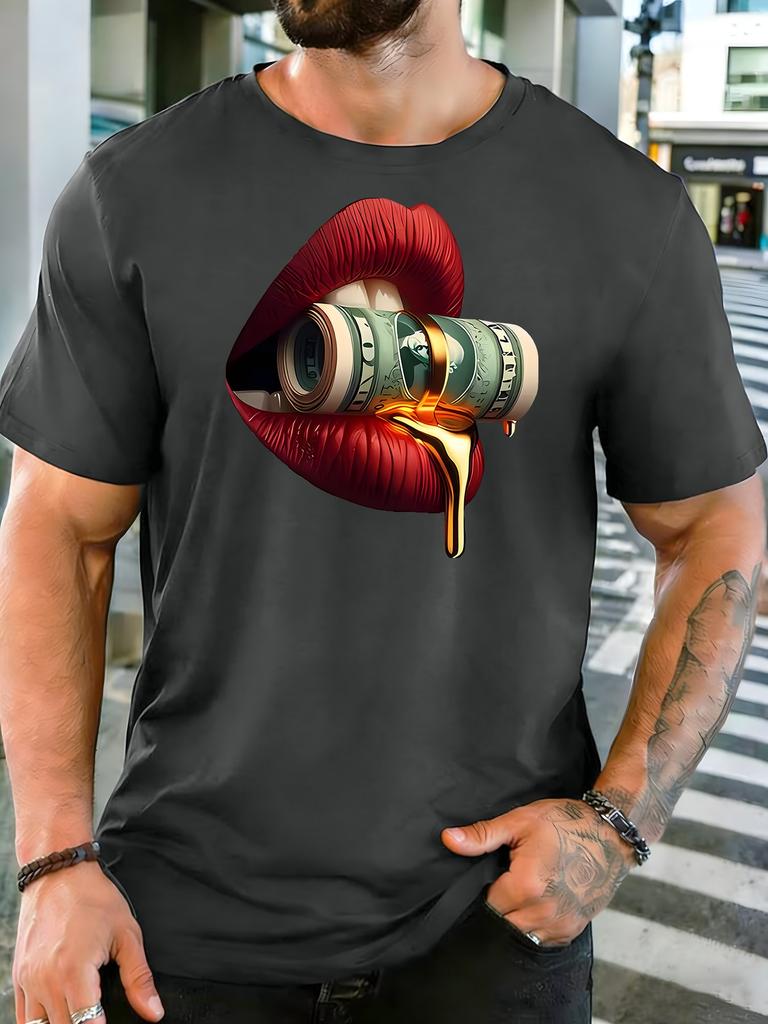 Unisex Crew Neck Tee Red Lips Bite Dollar Bill Trendy Art Graphic Print Short Sleeve Top Summer Loose Soft Casual Basic Daily Wear