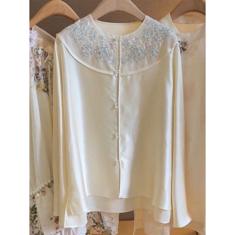 Women s Clothing, National Style Tops, Zen-Inspired, High-End, Exquisite Tang Suit Shirts, Jackets, Blouses for Women, 2026 Spring New Collection Off-White Top S