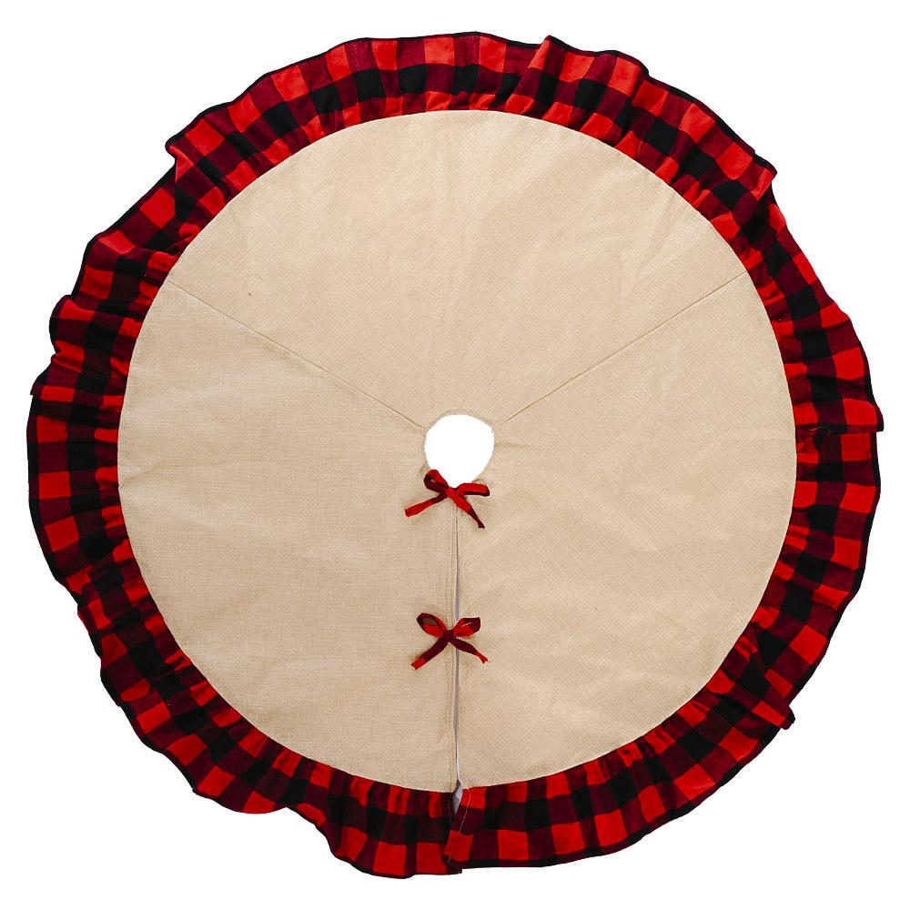 Burlap Fall Tree Skirt with  Buffalo Plaid Ruffle Border Large Christmas Tree Mat 48 Inches for Halloween Fall Christmas Black White Decorations