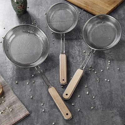 Stainless Steel Handhold Frying Skimmer Wooden Handle Oil Drainer Anti-slip Soup Foam Filter Multifunctional Kitchen Accessories