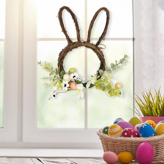 Osterhase Kranz Kleine Hasenform Rattan Kranz mit Pastell-Eiern Blumen für Haustür Innen Außen Frühling Haus Fenster Wand Dekoration