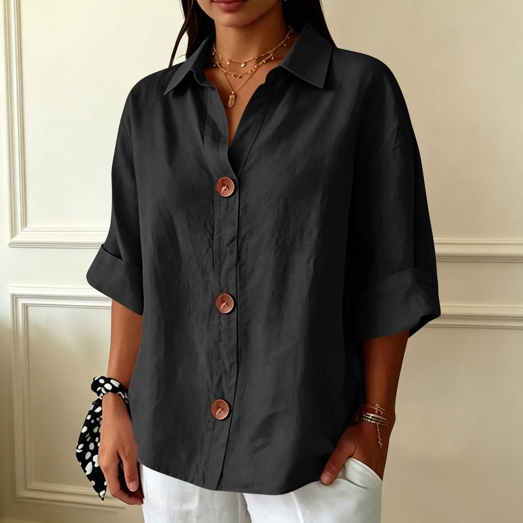 Women's Casual Loose Fit Button Down Shirt Three Quarter Sleeve Collared Blouse Lightweight Soft Fabric Relaxed Style