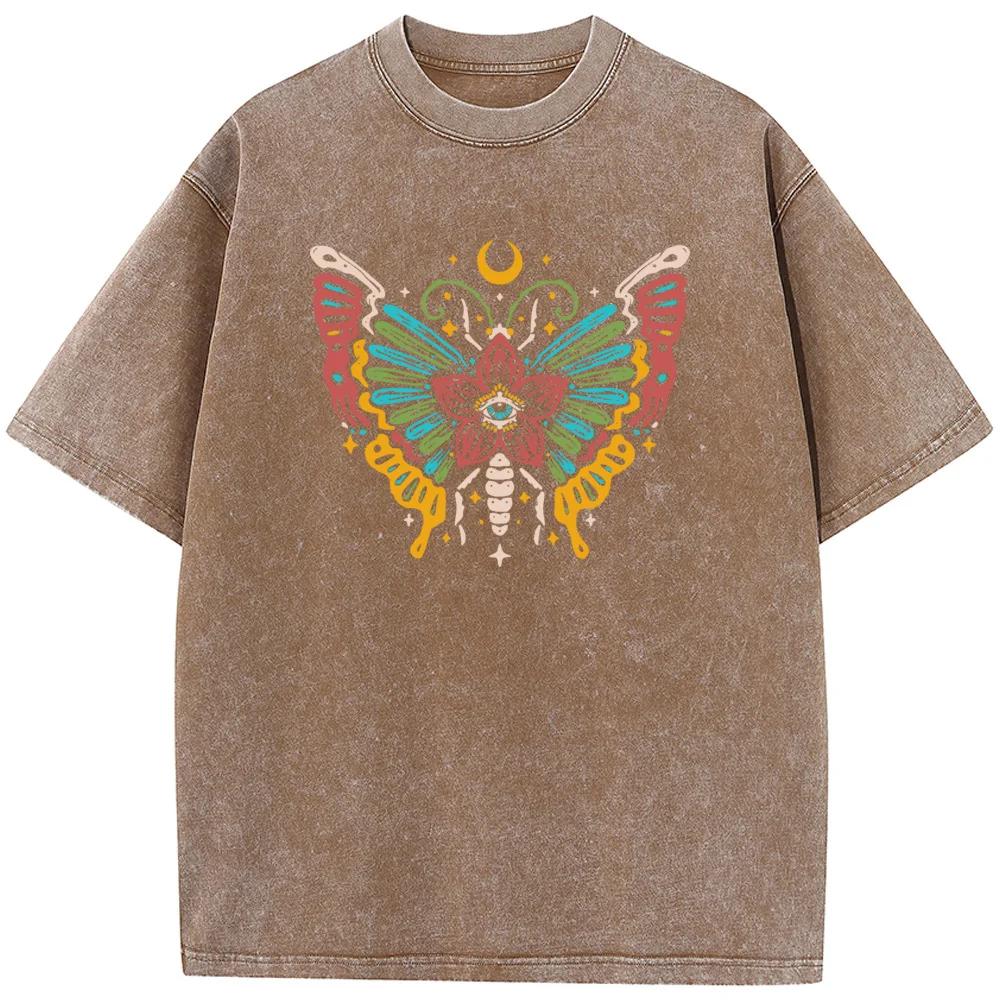 Butterfly Moon Women's Short-Sleeved T-shirt Bleached Tshirt Fashion Loose Washed T-Shirt Cotton Bleach T shirt