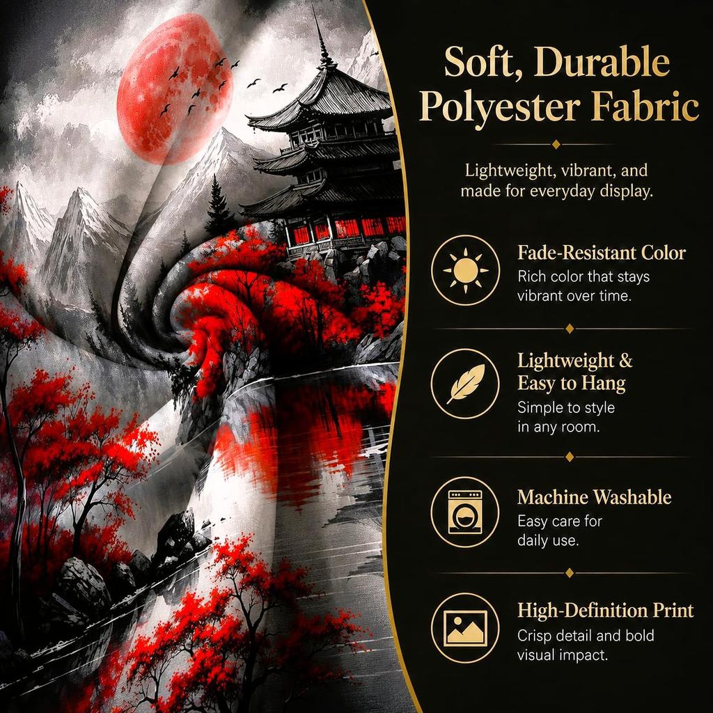 Delur Japanese Forest Tapestry Anime Red and Black Mountain Vintage Moon Nature Tapestry Wall Hanging Tree Sunset Landsc