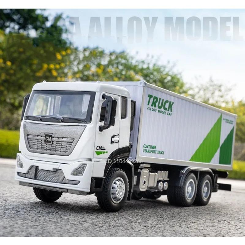 1/32 Scale Container Truck Model Car Toy Pull Back Music Light Metal Diecast Doors Opened Vehicles Toys for Kid Gift